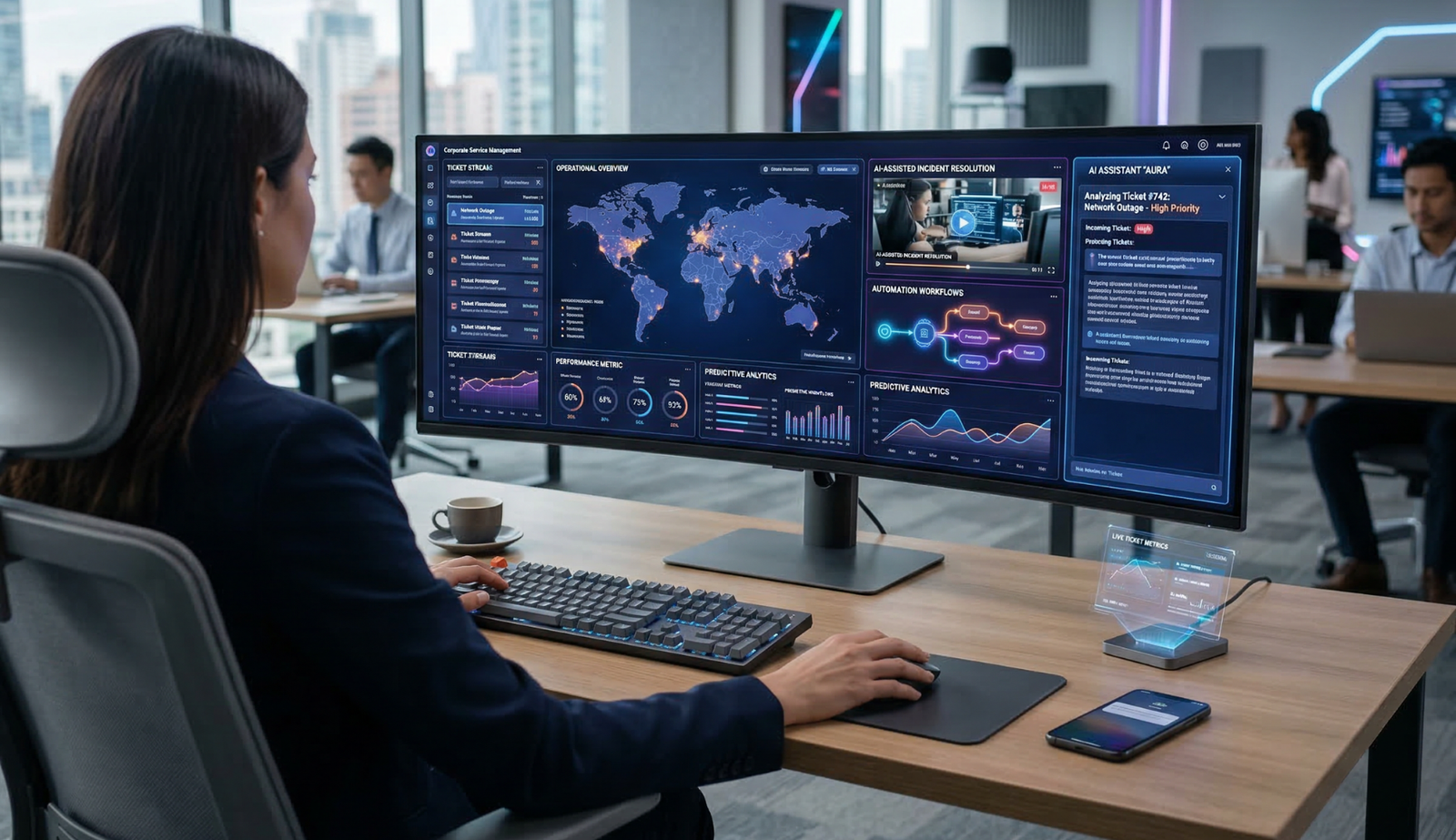 inteligência artificial no help desk organizando chamados e suporte corporativo